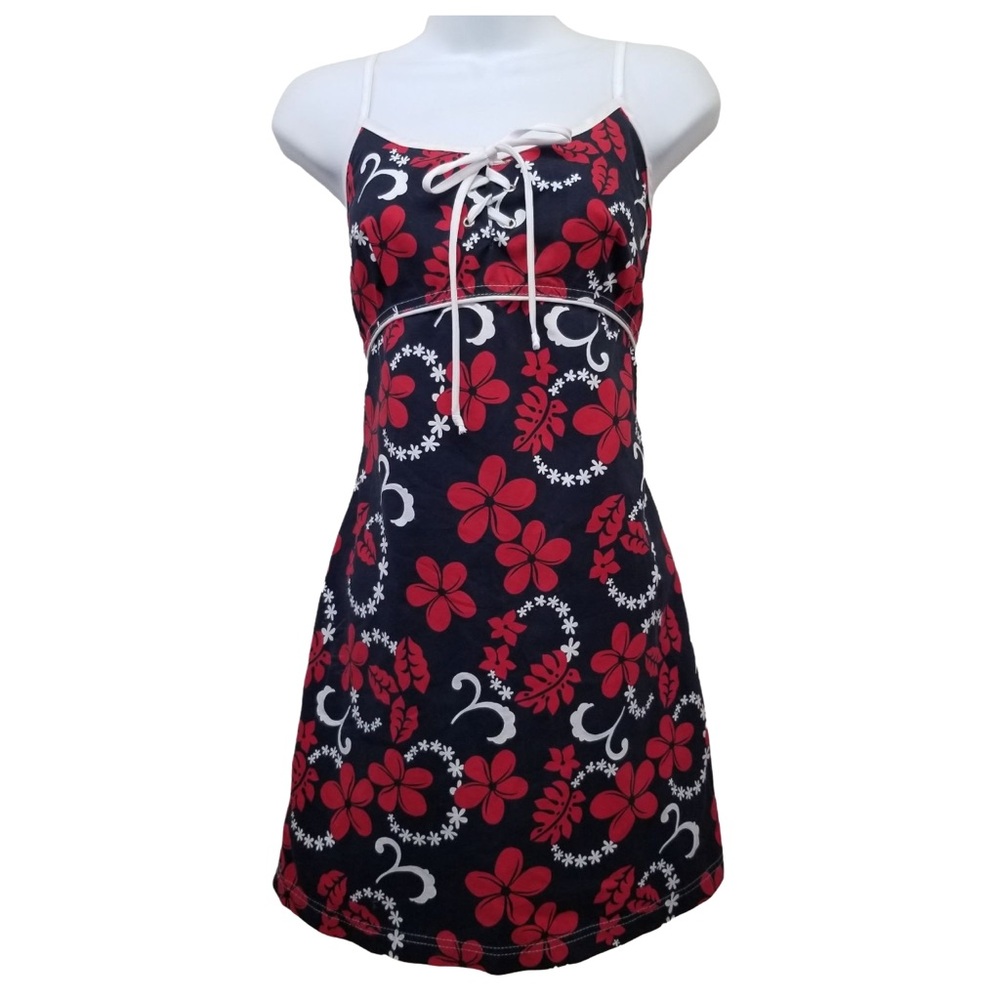 Surf wear, Beach Skirt- Toes on the Nose Red Blue Floral Hawaiian 90s Y2K Dress